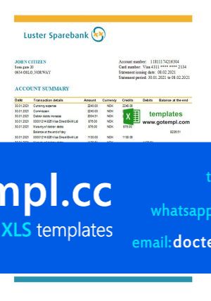 Norway Luster Sparebank bank statement easy to fill template in Excel and PDF format