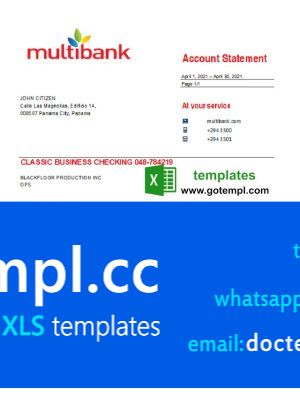 Panama Multibank bank statement easy to fill template in .xls and .pdf file format