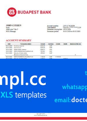 Hungary Budapest Bank - Szolnoki Fiók bank statement template in Word and PDF format