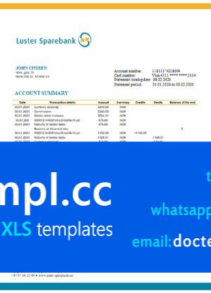 Norway Luster Sparebank bank statement easy to fill template in Word and PDF format