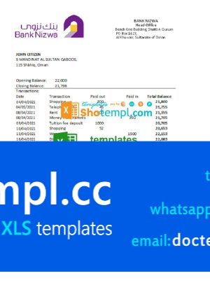 Oman Bank Nizwa bank statement easy to fill template in Excel and PDF format