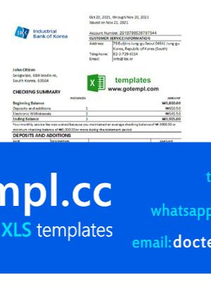 South Korea Industrial bank statement easy to fill template in Excel and PDF format