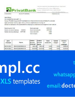 Ukraine PrivatBank bank statement easy to fill template in Excel and PDF format