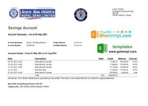 Nepal Bank Nepal bank statement easy to fill template in Excel and PDF format
