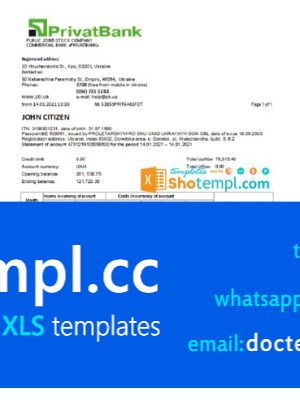 Ukraine Privatbank statement template in Excel and PDF format