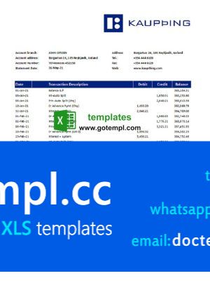 Iceland Kaupthing Bank statement easy to fill template in Excel and PDF format