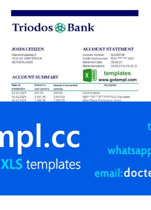 Netherlands Triodos Bank statement easy to fill template in Excel and PDF format