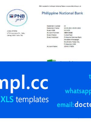 Philippines National Bank (PNB) proof of address bank statement template in Excel and PDF format