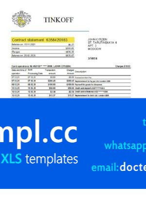 Russia Tinkoff bank proof of address statement template in Excel and PDF format (.xls and .pdf)
