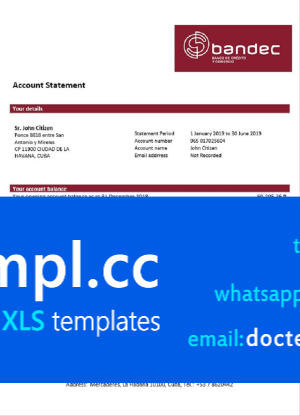 Cuba Bandec Banco de Credito y Comercio bank statement template in Word and PDF format, good for address prove