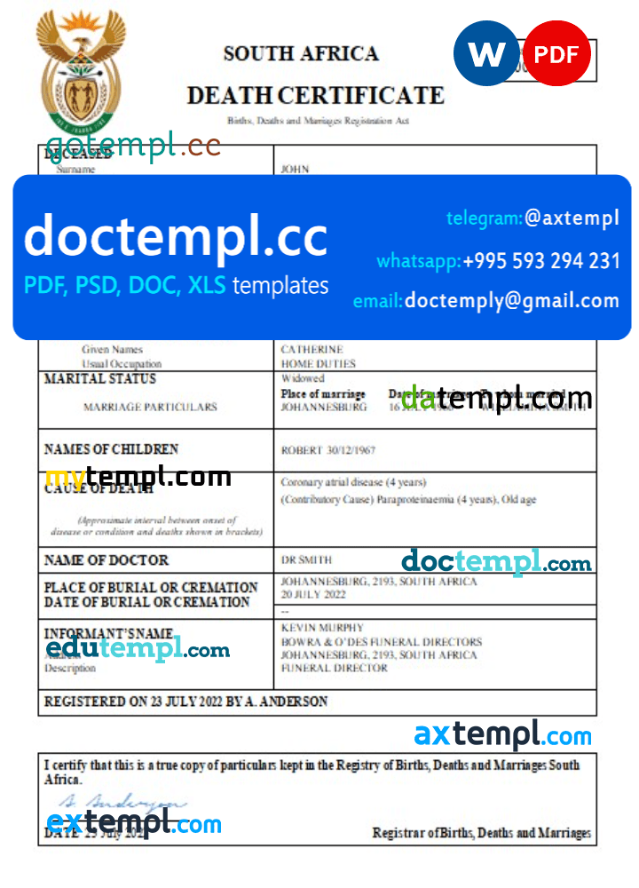 South Africa death certificate Word and PDF template, completely editable