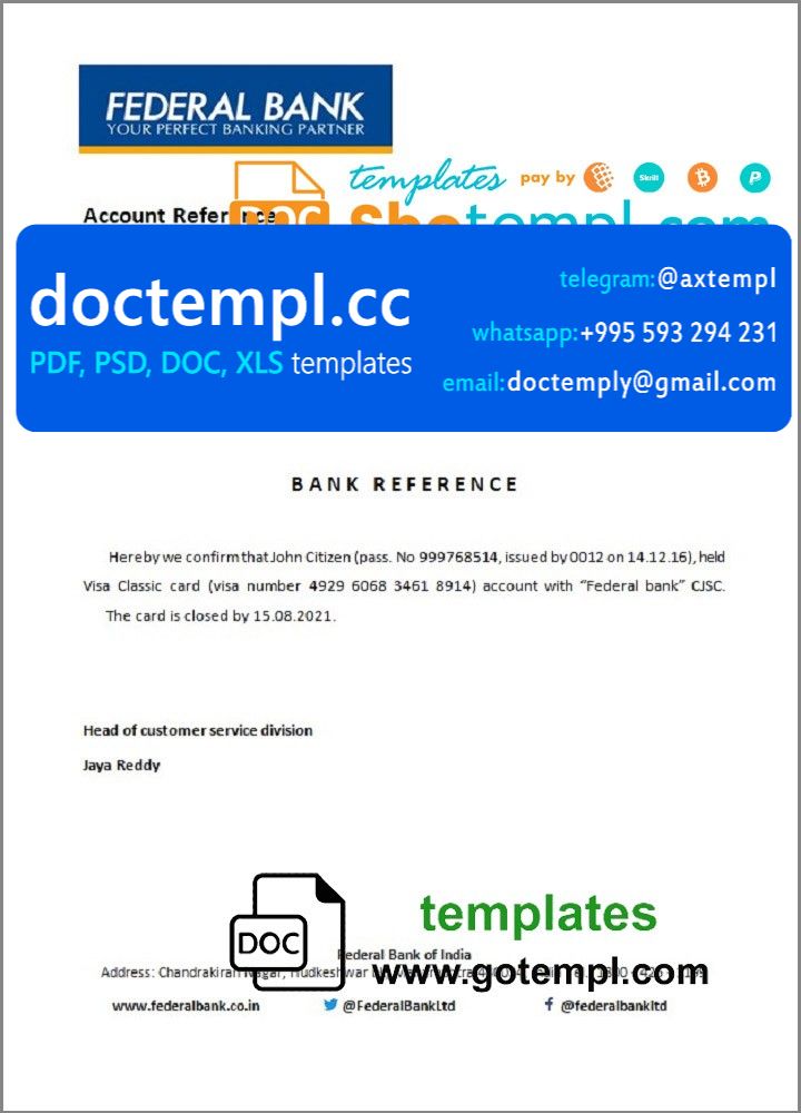 India Federal bank account closure reference letter template in Word ...