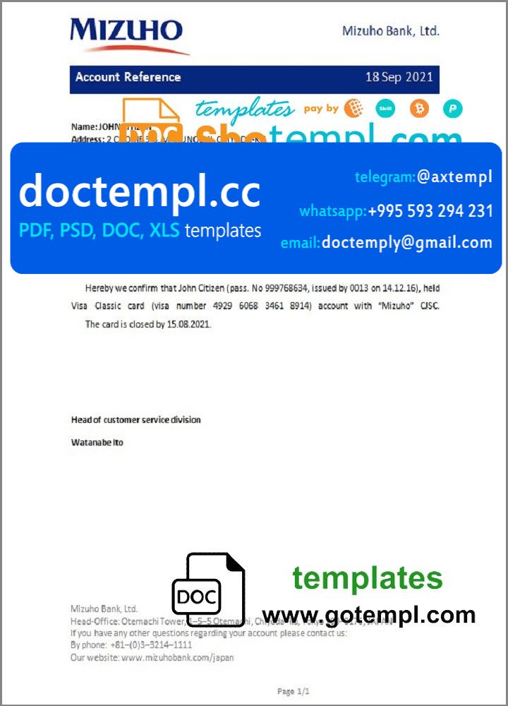 Japan Mizuho bank account closure reference letter template in Word and PDF format