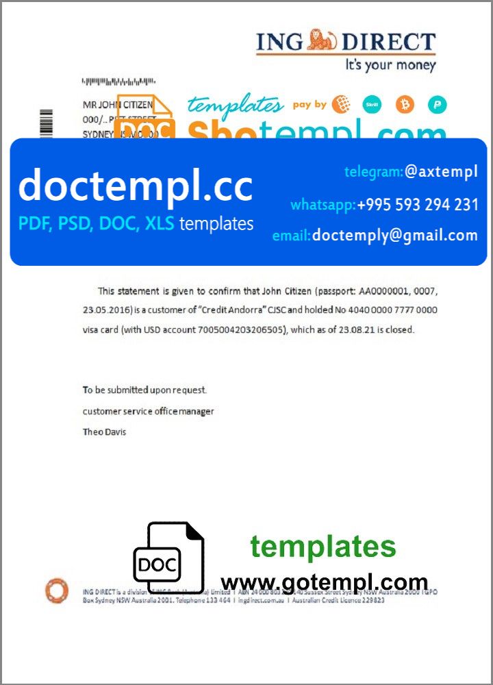 Australia ING Direct bank account closure reference letter template in ...