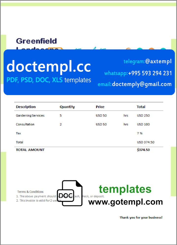 USA Greenfield Landscape invoice template in Word and PDF format, fully editable