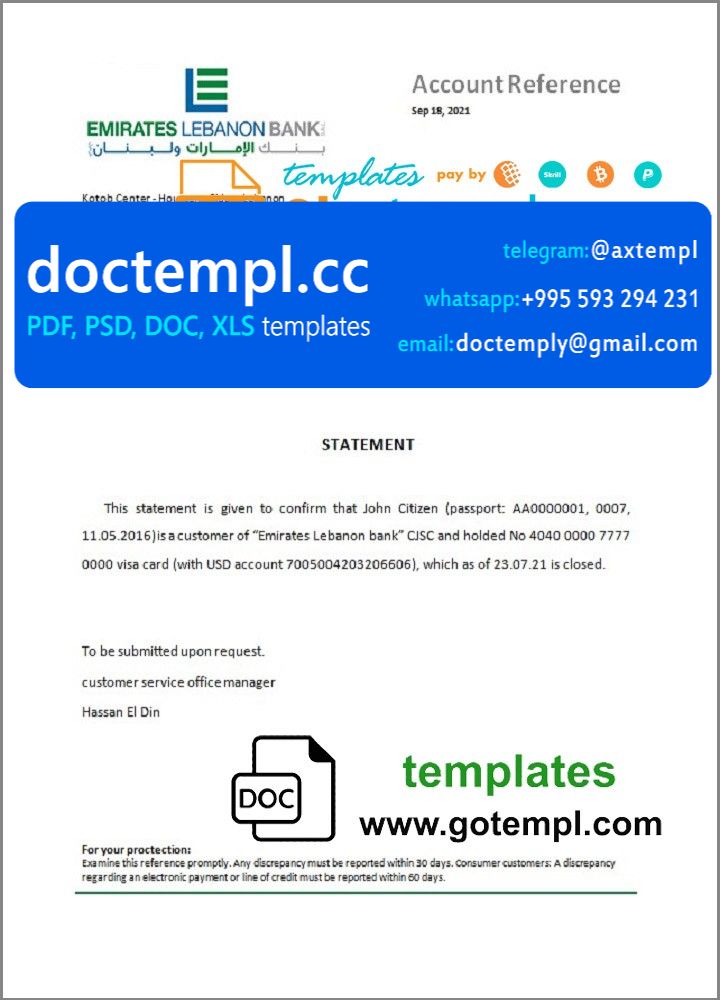 Lebanon Emirates Lebanon Bank bank account closure reference letter template in Word and PDF format