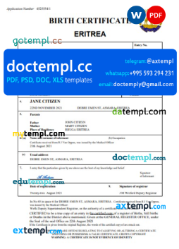 Eritrea vital record birth certificate Word and PDF template ... - Birth Certificate Legalization In Eritrea