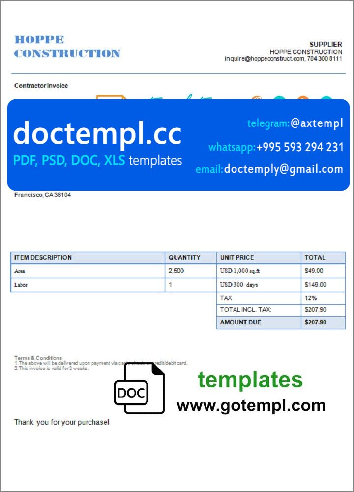 USA Hope Construction invoice template in Word and PDF format, fully ...