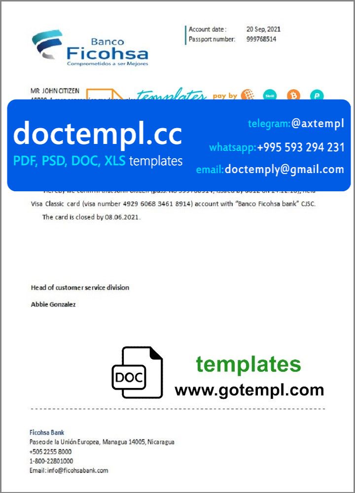 Nicaragua Banco Ficohsa bank account closure reference letter template in Word and PDF format