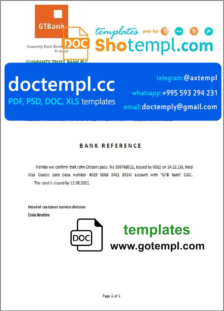 Nigeria GTBank bank account closure reference letter template in Word and PDF format