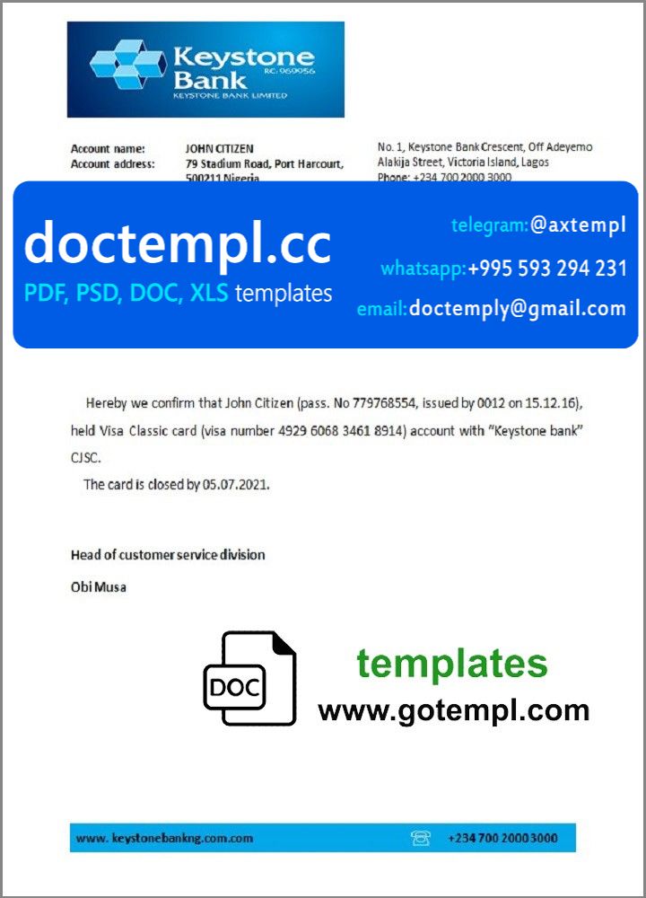 Nigeria Keystone Bank bank account closure reference letter template in Word and PDF format