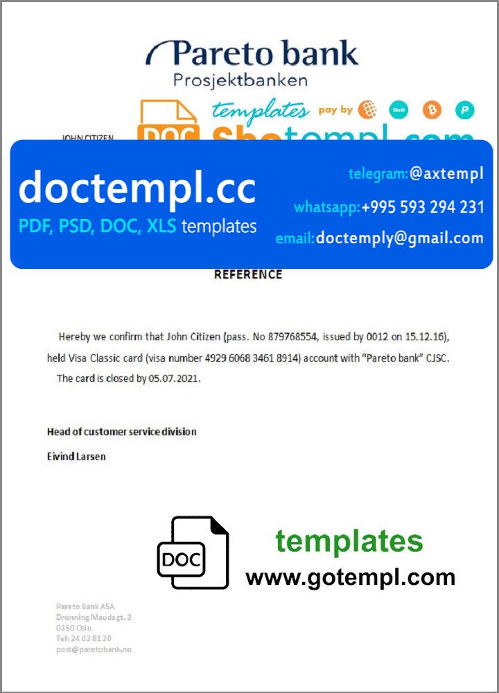 Norway Pareto Bank bank account closure reference letter template in Word and PDF format