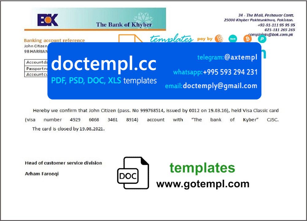 Pakistan Khyber bank account closure reference letter template in Word and PDF format