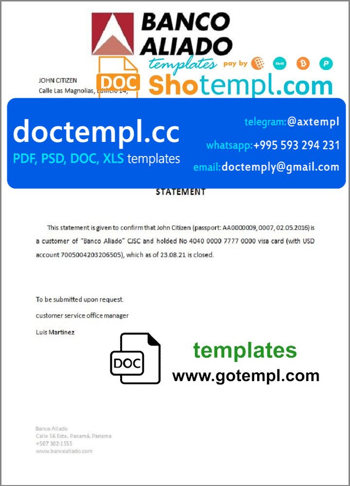 Panama Banco Aliado bank account closure reference letter template in Word and PDF format