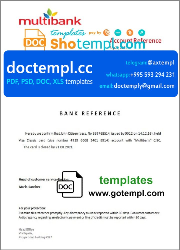 Panama Multibank bank account closure reference letter template in Word and PDF format