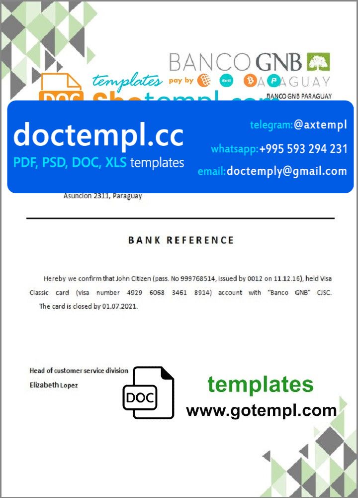 Paraguay Banco GNB bank account closure reference letter template in Word and PDF format