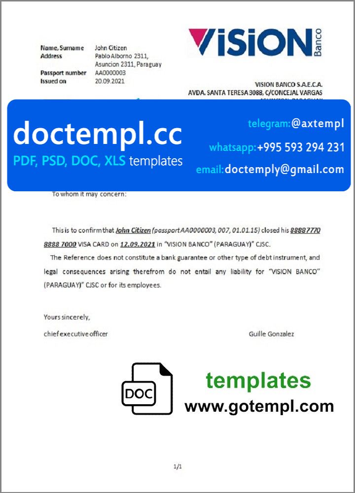 Paraguay Vision Banco bank account closure reference letter template in Word and PDF format