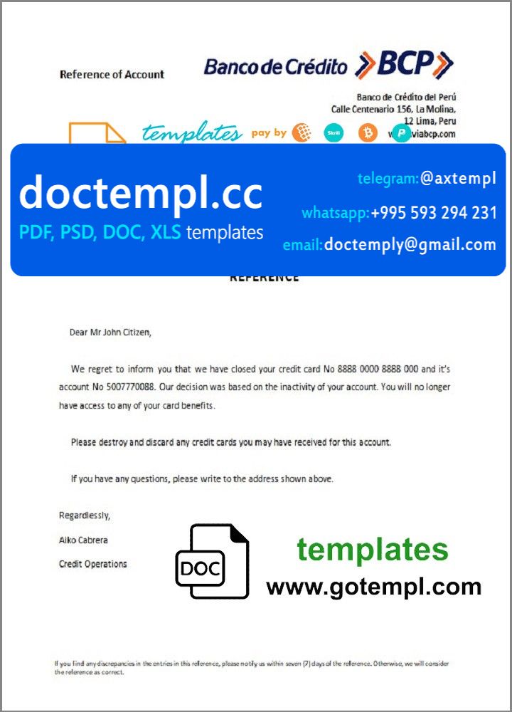 Peru Banco de Credito bank account closure reference letter template in Word and PDF format