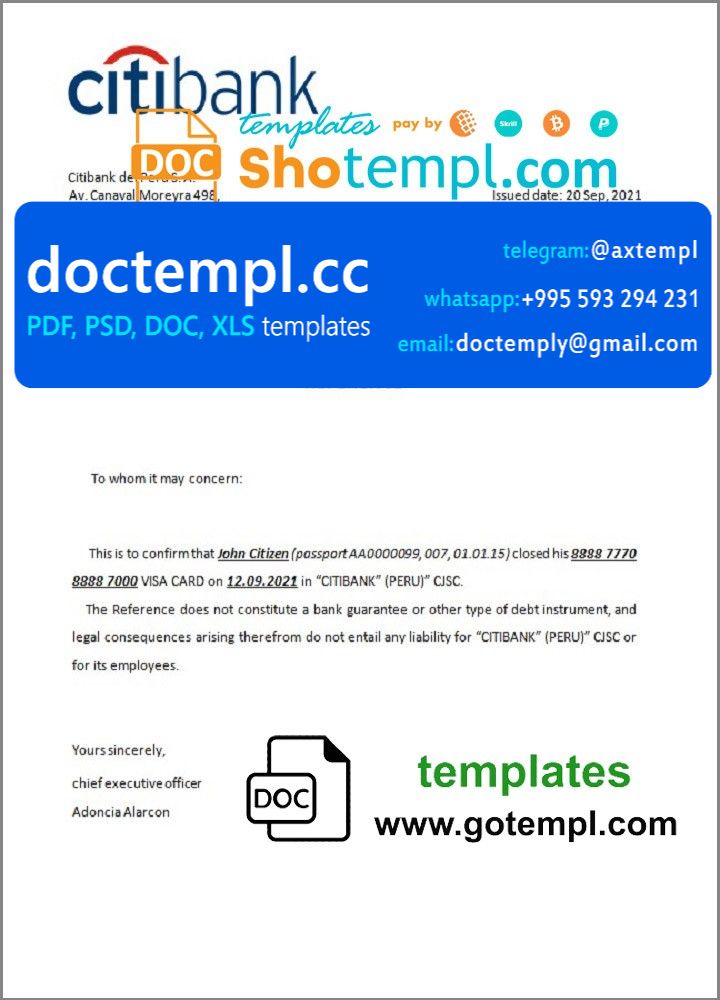 Peru Citibank bank account closure reference letter template in Word and PDF format