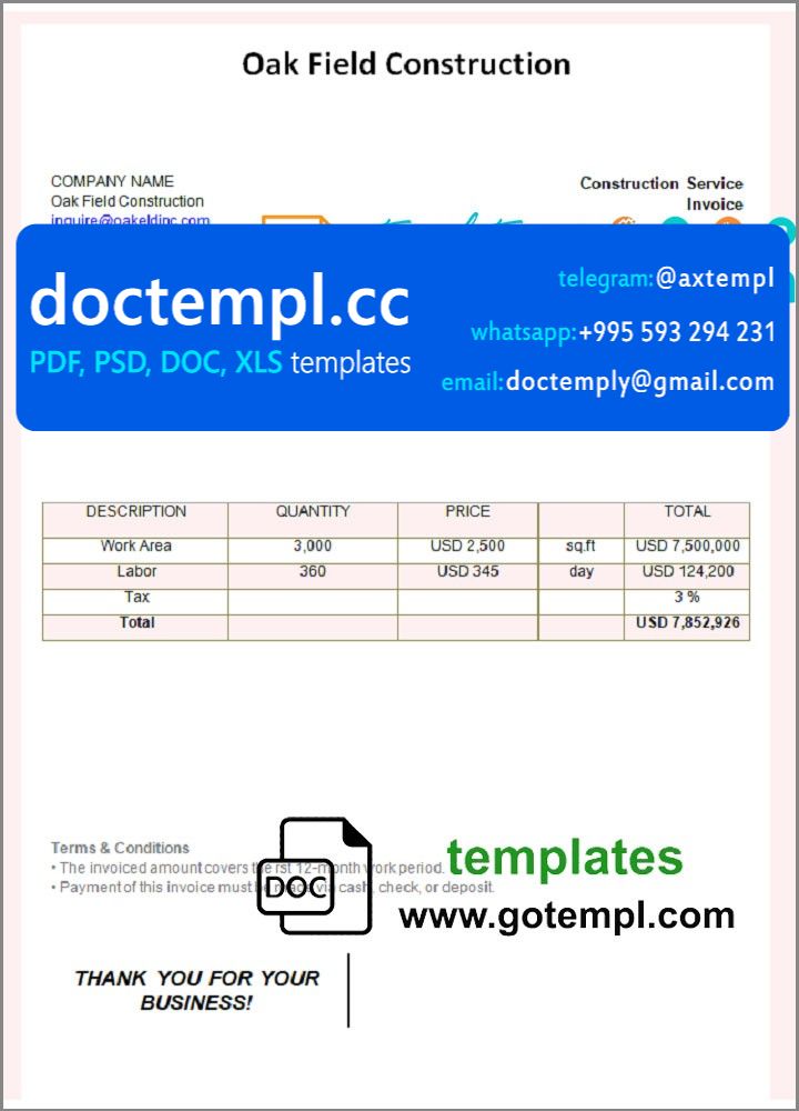 USA Oak Field Construction invoice template in Word and PDF format ...