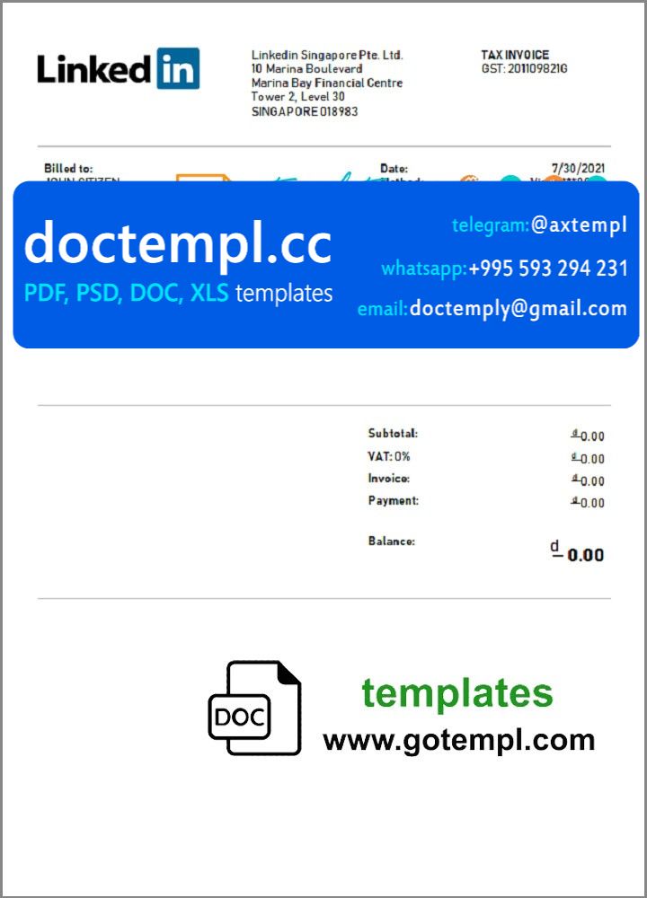 USA Linkedin invoice template in Word and PDF format, fully editable