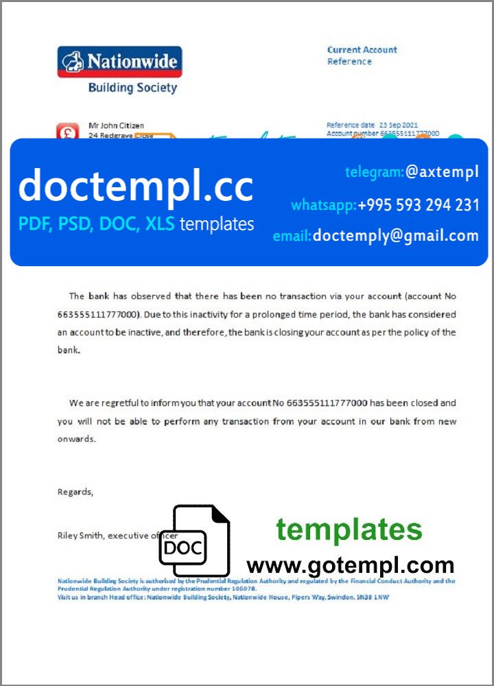 United Kingdom Nationwide bank account closure reference letter template in Word and PDF format