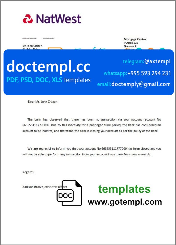 United Kingdom Natwest bank account closure reference letter template in Word and PDF format