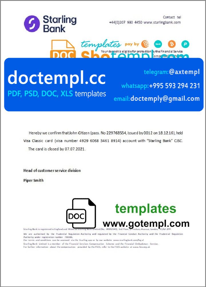 United Kingdom Starling bank account closure reference letter template in Word and PDF format