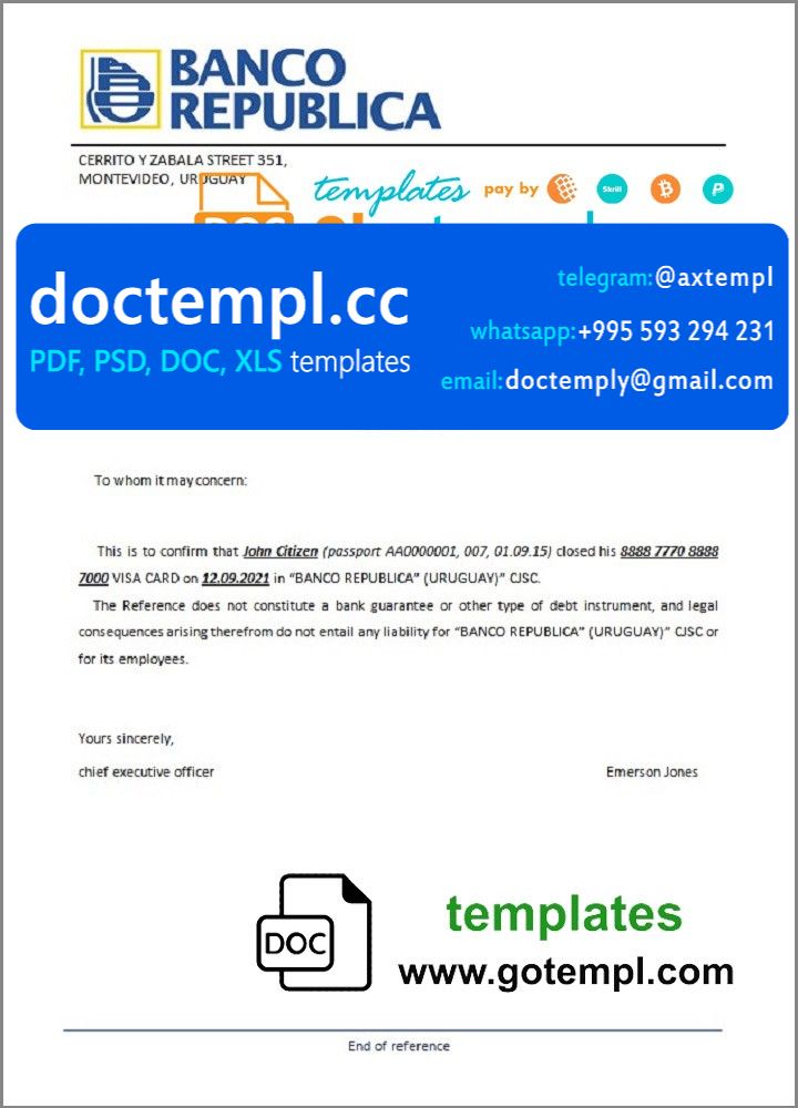Uruguay Banco República bank account closure reference letter template in Word and PDF format