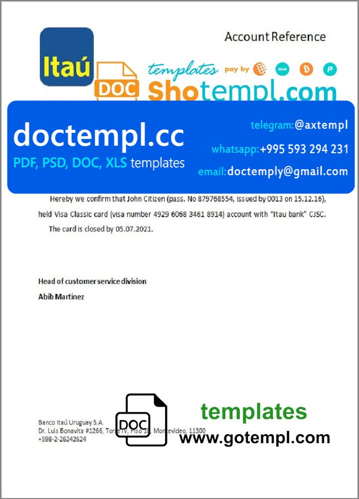 Uruguay Itau bank account closure reference letter template in Word and PDF format