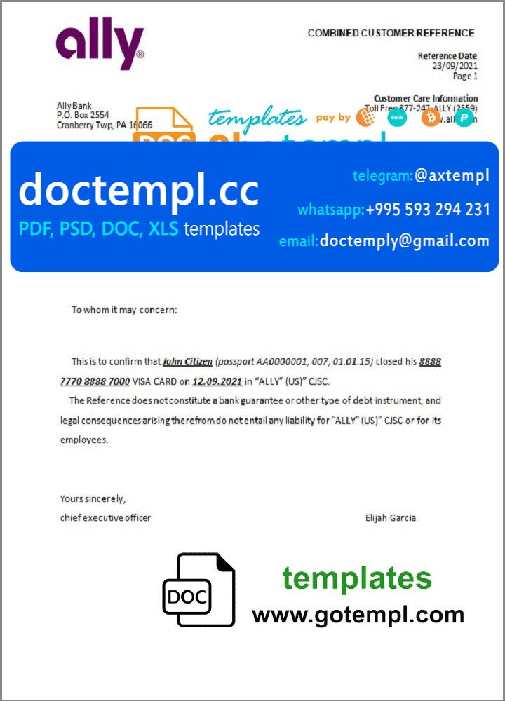 USA Ally bank account closure reference letter template in Word and PDF format