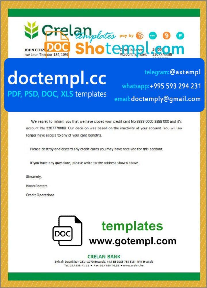 Belgium Crelan bank account closure reference letter template in Word and PDF format