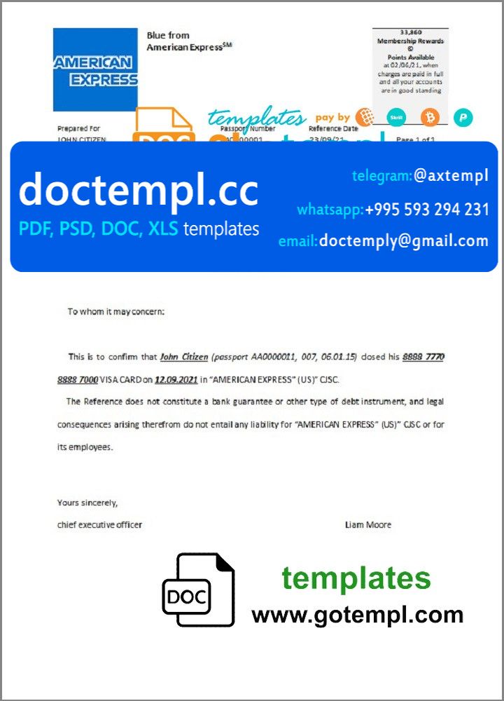 USA American Express bank account closure reference letter template in Word and PDF format