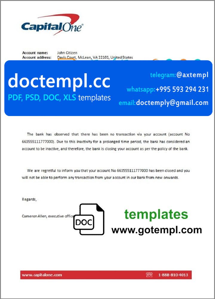 USA Capital One bank account closure reference letter template in Word and PDF format