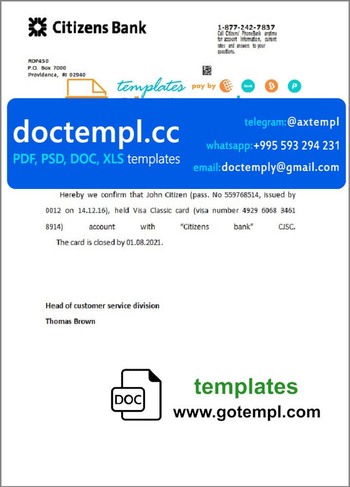 USA Citizens Bank bank account closure reference letter template in Word and PDF format
