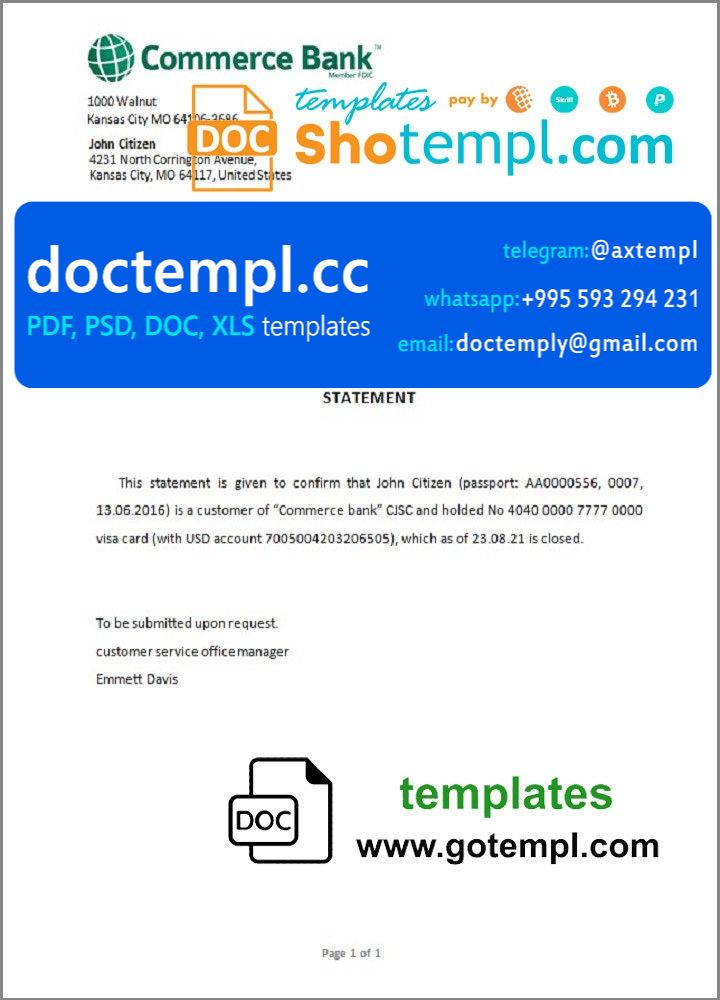 USA Commerce Bank bank account closure reference letter template in Word and PDF format