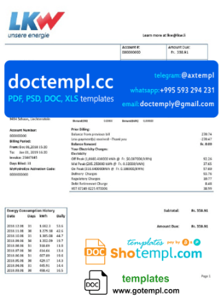 Liechtenstein Ische Kraftwerke (LKW) electricity utility bill template in Word and PDF format