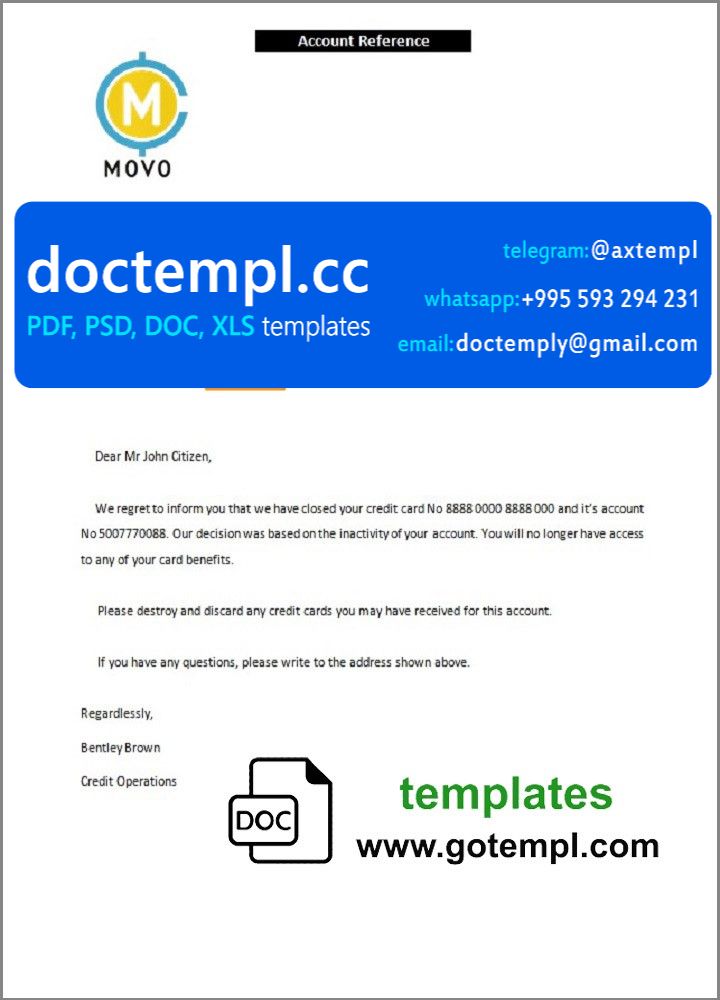 USA Movo bank account closure reference letter template in Word and PDF format