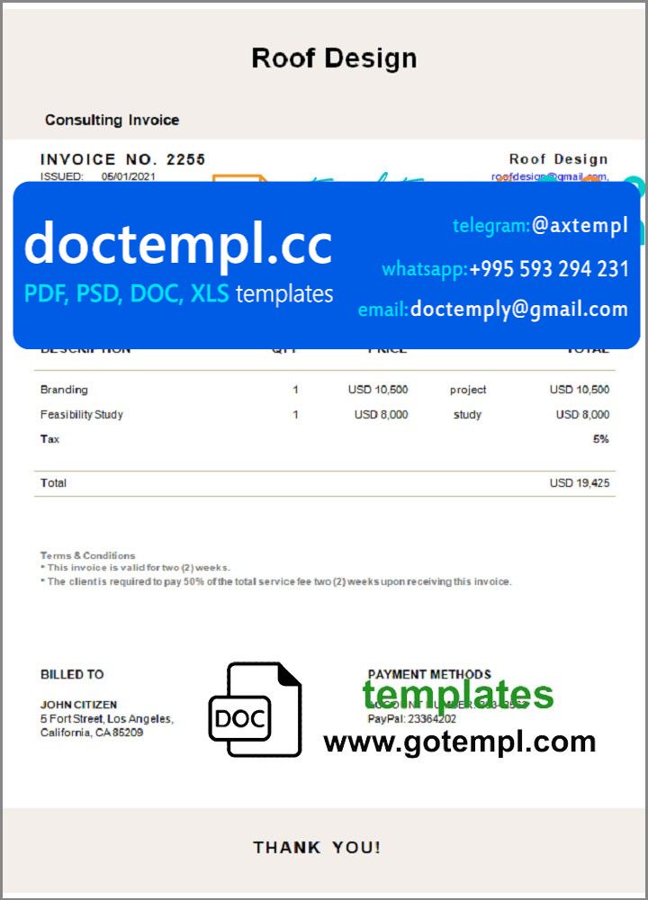 USA Roof Design invoice template in Word and PDF format, fully editable