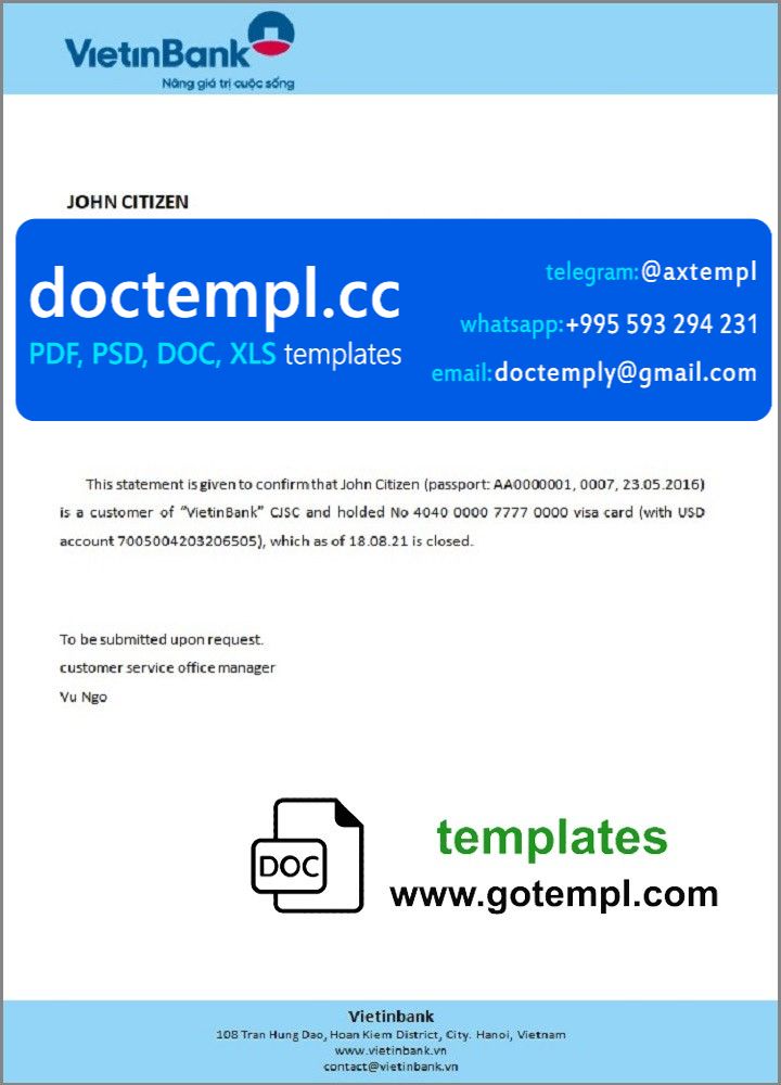 Vietnam Vietinbank bank account closure reference letter template in Word and PDF format